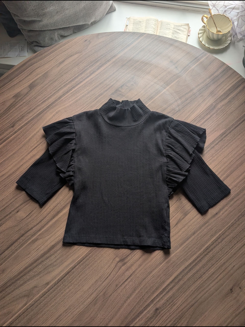 Zara Black Ruffle Sleeve Mock Neck Top